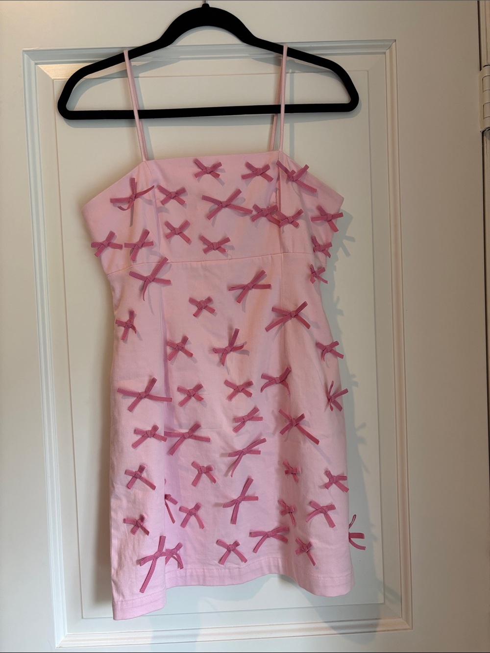 Anthropologie Maeve Pink Spaghetti-Strap Dress with pink 3D lined bows, Size 2P